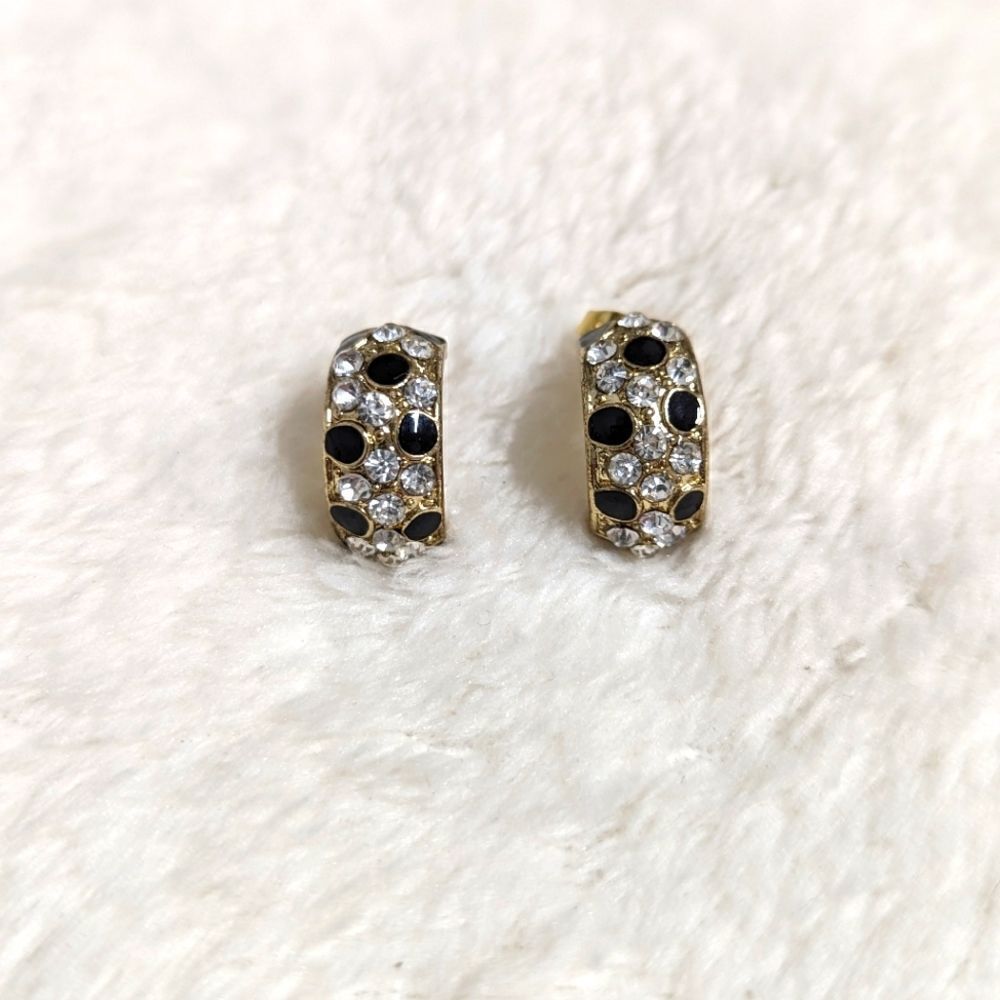 Vintage Small Half Hoop Black Enamel and Clear Rhinestone Pierced Earrings - Picture 9 of 10